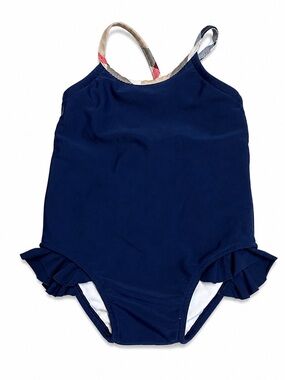 Burberry 9m Baby Girl Navy Swimsuit 0523 Check Strap Ruffle infant one piece
